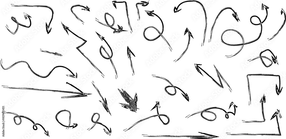 Hand drawn freehand Grunge Charcoal arrows icons set. Different curved lines, swirls arrows. Doodle marker drawing Direction pointers. Marker stroke. Hand drawn freehand Grunge Charcoal arrows icons set. Different curved lines, swirls arrows. Doodle marker drawing Direction pointers. Marker stroke.