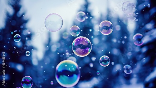 Wallpaper Mural Iridescent bubbles float amidst a snowy, pine-tree backdrop Torontodigital.ca