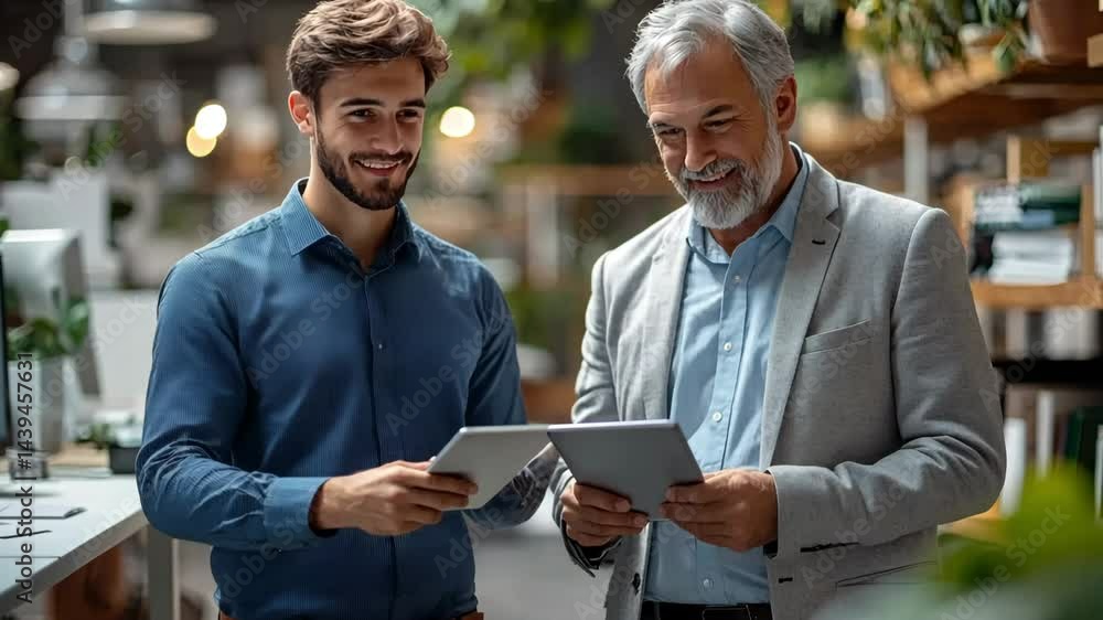 Business meeting in modern workspace with two professionals discussing project details on tablets Business meeting in modern workspace with two professionals discussing project details on tablets