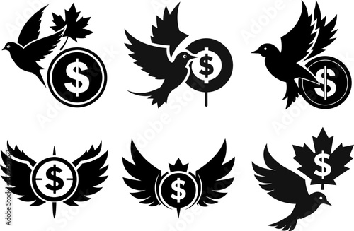 dollar, money converter, usd, usd to inr, currency, eurusd, eur usd, usd jpy, oanda currency, pound to dollar, Collection of six black and white vector emblems featuring birds money 