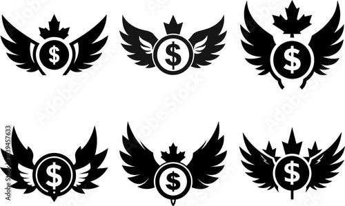 dollar, money converter, usd, usd to inr, currency, eurusd, eur usd, usd jpy, oanda currency, pound to dollar, Collection of winged dollar coins topped with maple leaves in black 