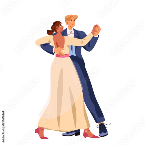 Pair dancing waltz or couple dance at ballroom. Vector cartoon illustration of formal choreography movement. Classic music competition. Partners coordination. Music and rhythm moves. Traditional.