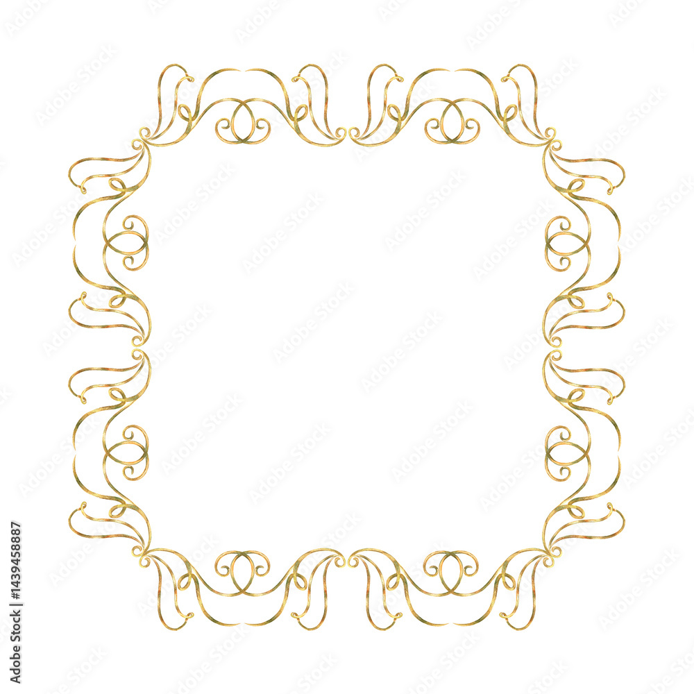 Gold frame of vibrant collection. Isolate is presented for rectangle decorating textiles, interior, prints, packaging. Curls, ribbons elements hand-painted in watercolor with gold paint accents Gold frame of vibrant collection. Isolate is presented for rectangle decorating textiles, interior, prints, packaging. Curls, ribbons elements hand-painted in watercolor with gold paint accents