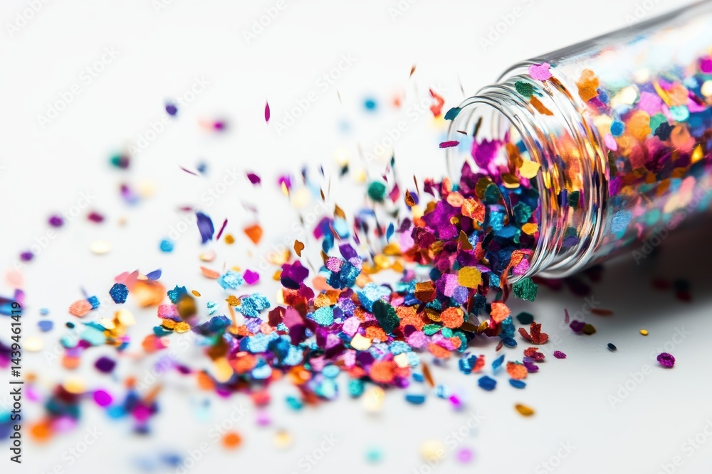 Fototapeta premium Colorful glitter spills from a glass container on a bright surface during crafting activity