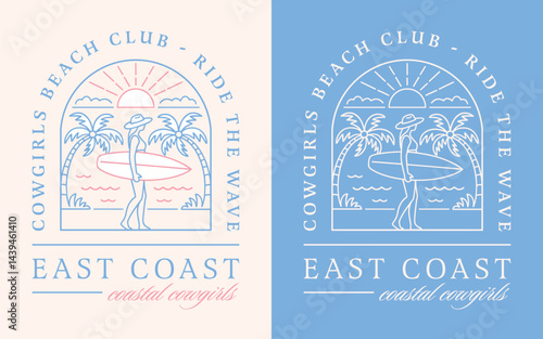 Coastal cowgirl East coast beach club summer girls trip surf lovers blue pink surfer girl aesthetic print. Retro vintage boho girly quotes ride the wave printable poster sticker badge shirt design.