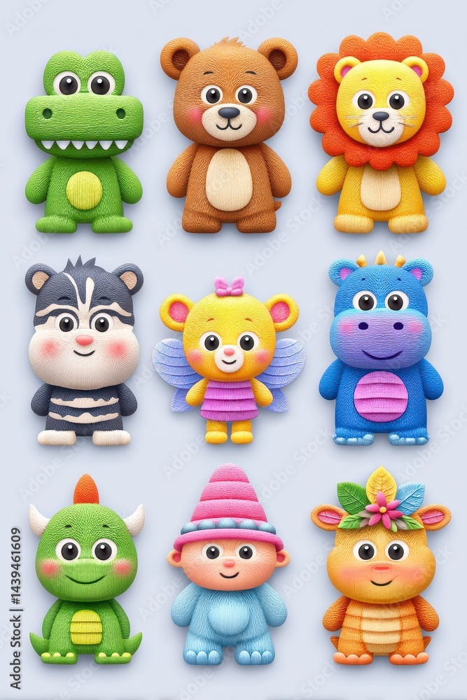 Naklejka premium Nine Adorable Pastel Voxel Animals on Light Blue Background