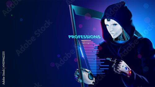 AI in the form of death with a scythe removes professions from the list. Professions are disappearing due to the arrival of artificial intelligence. lose jobs . Scary AI robot in a hood with a scythe.