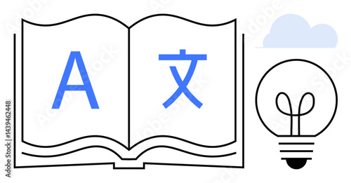 Open book with linguistic characters A and , lightbulb symbolizing ideas, and cloud hinting at digital tools. Ideal for education, innovation, knowledge, creativity, technology, inspiration