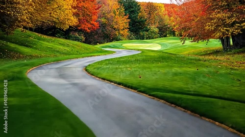 Scenic golf course pathway through vibrant autumn foliage and colorful trees, winding road leads to serene fairway, creating tranquil landscape in natures beauty.