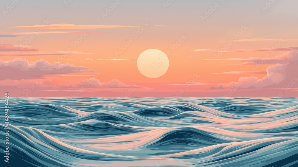 Fototapeta premium Serene sunset over a rippling ocean.