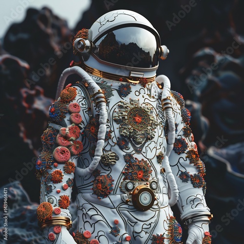 Astronaut whose suit is covered in intricate Colorful