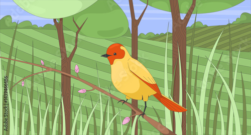 Little bird perched on bud branch in lush grassland flat illustration. Songbird in grassy field. Birdwatching springtime. Wildlife 2D character cartoon background. Colorful scene vector art image