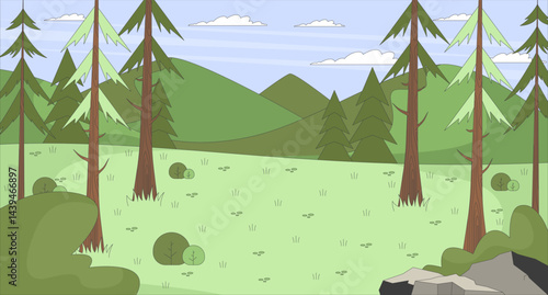 Mountain forest clearing with pine trees and hills flat illustration background. Woodland landscape. Natural habitat woods. Outdoor scenery 2D cartoon backdrop. Colorful scene vector art image
