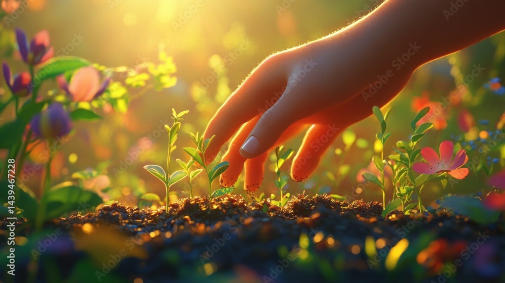 Fototapeta premium Hand nurturing a young plant in a vibrant garden