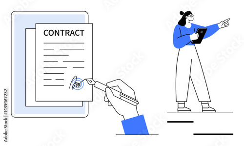 Digital contract signed on a tablet with a pen and a professional pointing ahead with a tablet in hand. Ideal for business, agreement, digital processes, teamwork, negotiation, client onboarding