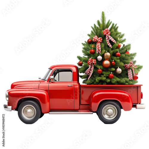 Classic Red Truck Carrying a Decorated Christmas Tree on Transparent  background