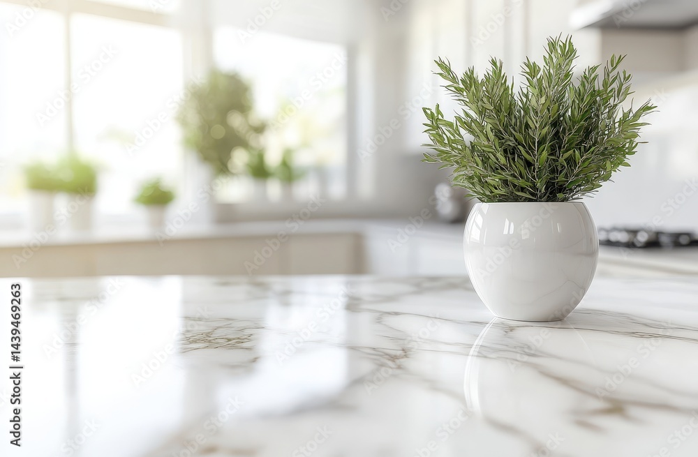 Fototapeta premium A Fresh and Bright Kitchen Scene Featuring Marble Countertops and Greenery