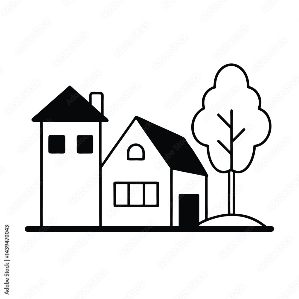 Fototapeta premium Town Landscape with Greenery and House Vector Art