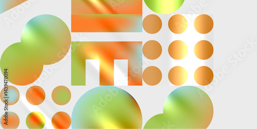 Abstract composition featuring colorful circles, rectangles, shapes. Gradient hues blend, creating dynamic visual experience. Light background enhances forms.