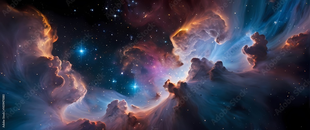 Vibrant nebula clouds with tiny twinkling stars scattered on a vast cosmic canvas. Extremely detailed high resolution illustration. Vibrant nebula clouds with tiny twinkling stars scattered on a vast cosmic canvas. Extremely detailed high resolution illustration.