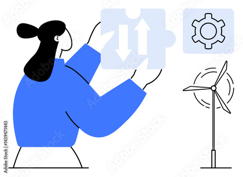 Woman holding puzzle piece with arrows symbolizing problem-solving, gear icon, wind turbine for clean energy. Ideal for sustainability, innovation, teamwork, planning, technology, problem-solving