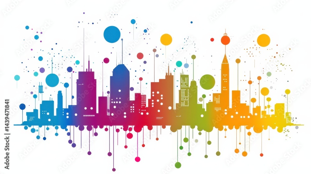 Fototapeta premium Vibrant Silhouette of a City Skyline with Colorful Abstract Elements and Dynamic Shapes