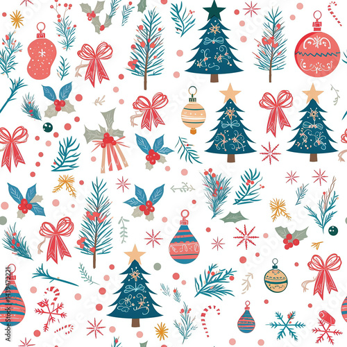 A festive pattern featuring Christmas trees, holly leaves, poinsettias, bells, and ribbons in vibrant red, green, and gold colors. The design exudes holiday cheer and seasonal joy.