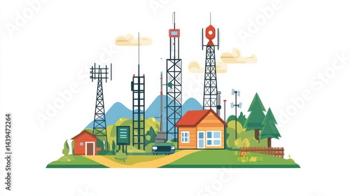 Colorful Illustration of Communication Towers and Rural Landscape with Houses and Trees