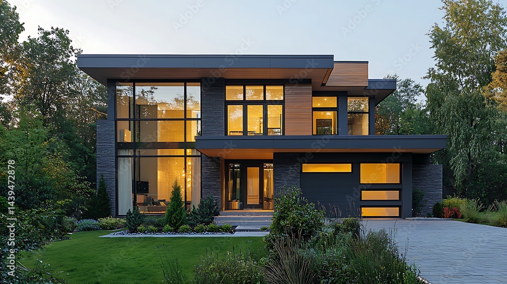 Modern house with large windows and contemporary design surrounded by lush greenery at dawn Modern house with large windows and contemporary design surrounded by lush greenery at dawn