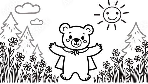 Cheerful bear with cape enjoying a sunny day in a flower field  