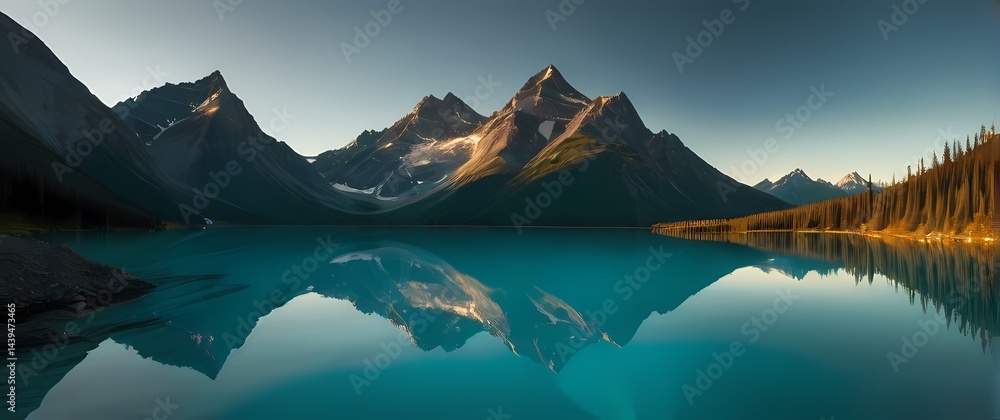Naklejka premium Towering jagged Alaskan mountain peaks mirrored in turquoise alpine lakes beneath brilliant morning sunshine. Extremely detailed high resolution illustration.