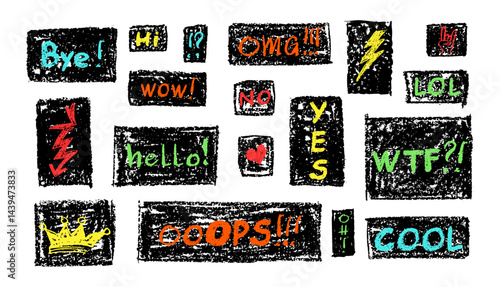 Colorful kid doodle set with pastel wax texture, chalkboard style. Fun school squiggle art with words like WOW, COOL, LOL, drawn in bright charcoal strokes on rough rectangles. Vector illustration