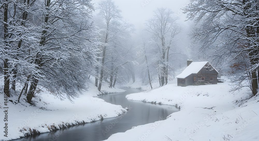 Naklejka premium Idyllic Winter Scene With Cabin Nestled In Snowy Forest Along Winding River