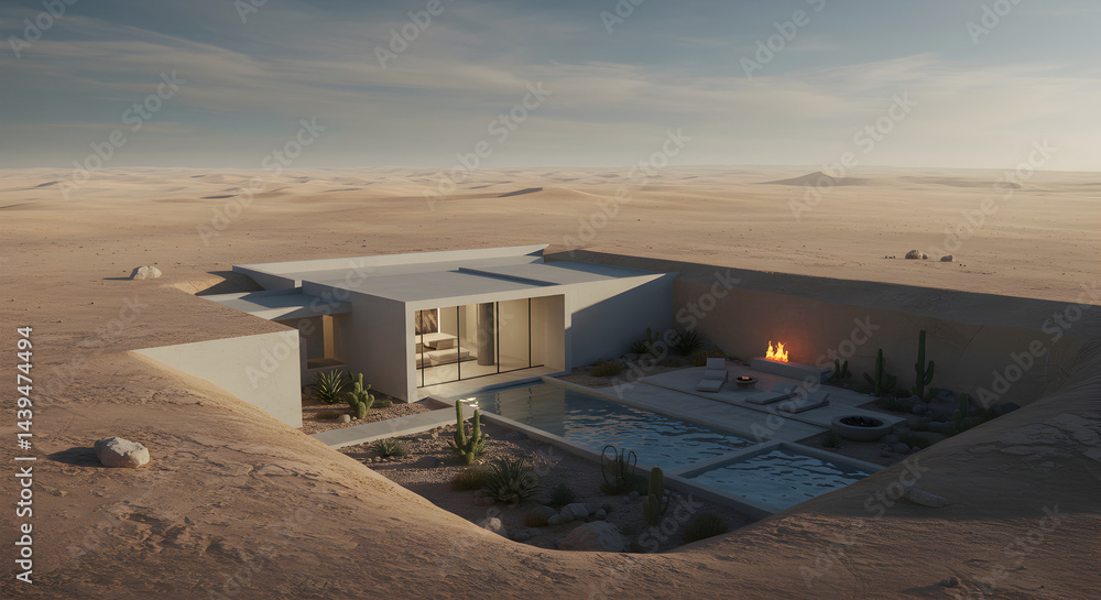 Obraz premium Modern Desert Home With Pool And Fire Pit Hidden From The World
