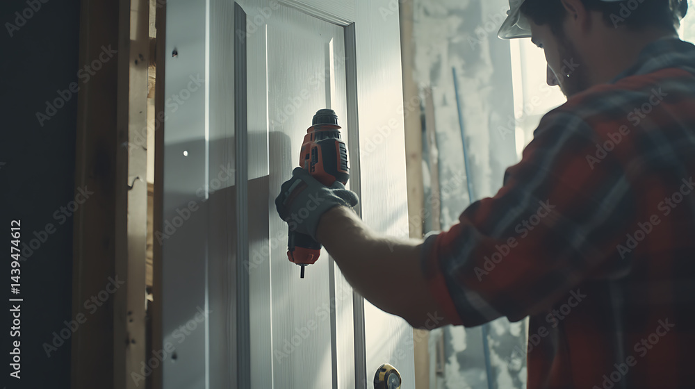 Construction Worker Installing a Door with a Drill Construction Worker Installing a Door with a Drill