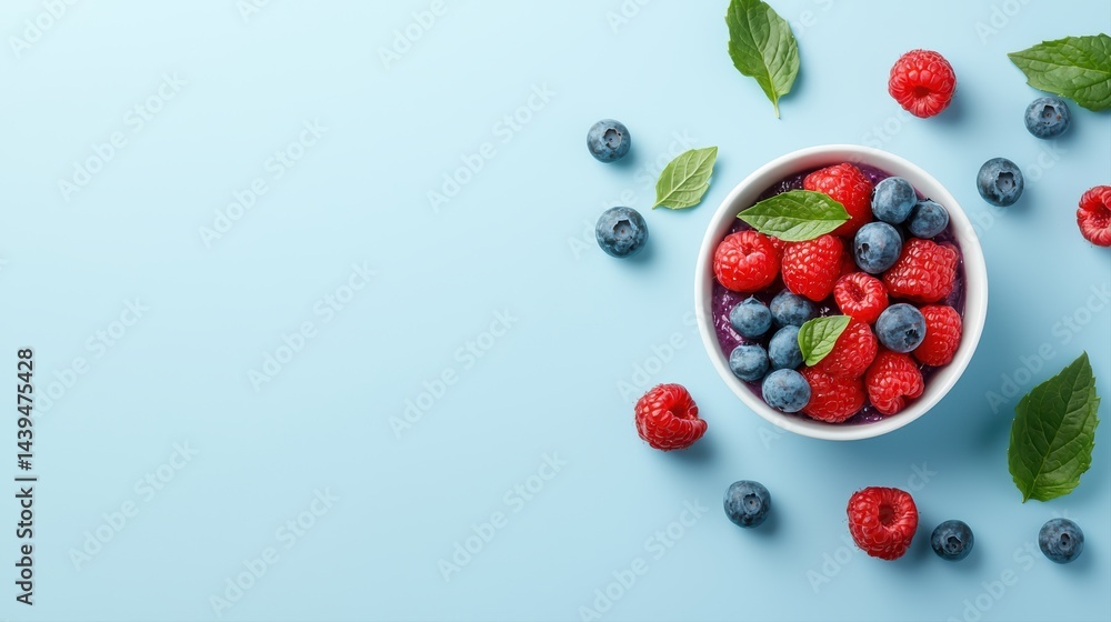 A bowl of fresh raspberries and blueberries with mint leaves on a pastel blue background. A bowl of fresh raspberries and blueberries with mint leaves on a pastel blue background.