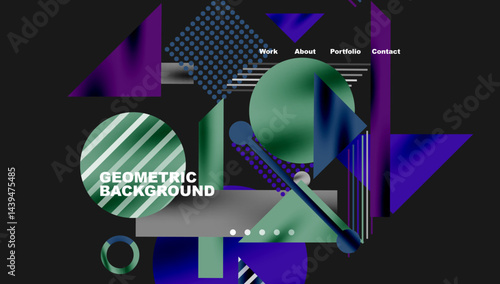 Abstract geometric composition. Vibrant colors, shapes overlap creating modern design. Dark background enhances visual impact.