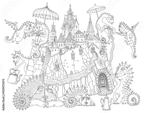 Fairy tale Dragons family and old medieval castle. Vector coloring book page