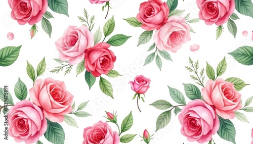 Delicate watercolor roses & leaves, repeating seamlessly , summer, flower