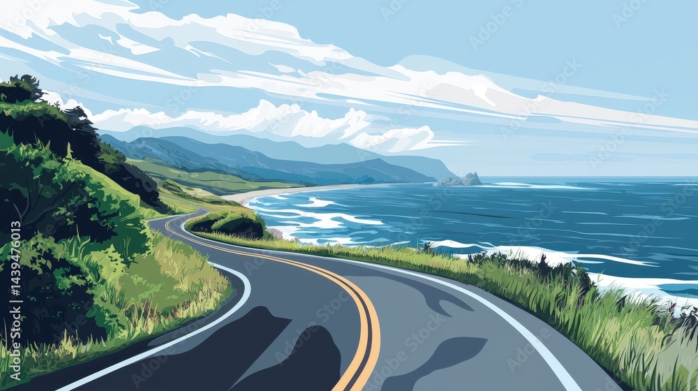 Obraz premium Scenic coastal highway winds through lush landscape.