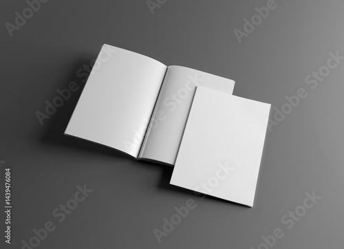 Isolated magazine cover and open magazine Mockup on grey background with soft shadows. 3D rendering
