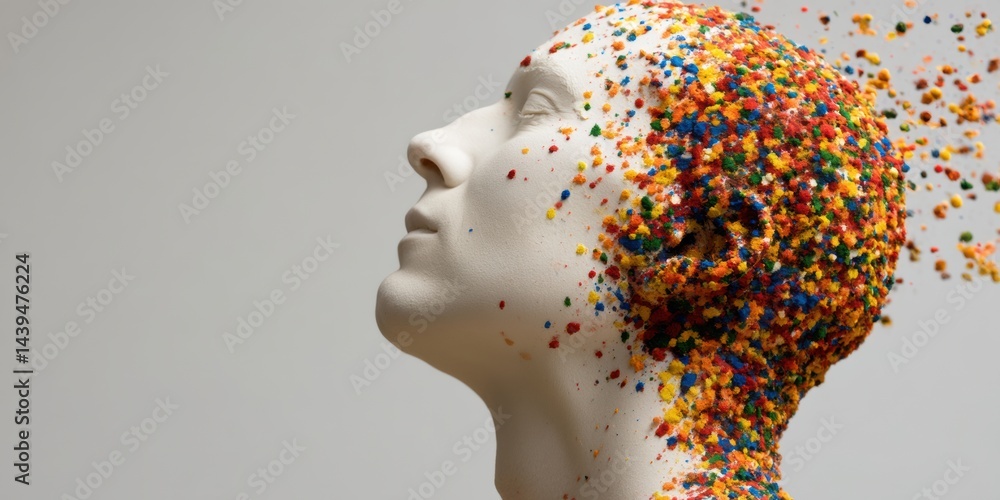 © PAOLO - happiness creativity AI and humans. Abstract colorful particles exploding from plaster head sculpture © PAOLO - happiness creativity AI and humans. Abstract colorful particles exploding from plaster head sculpture