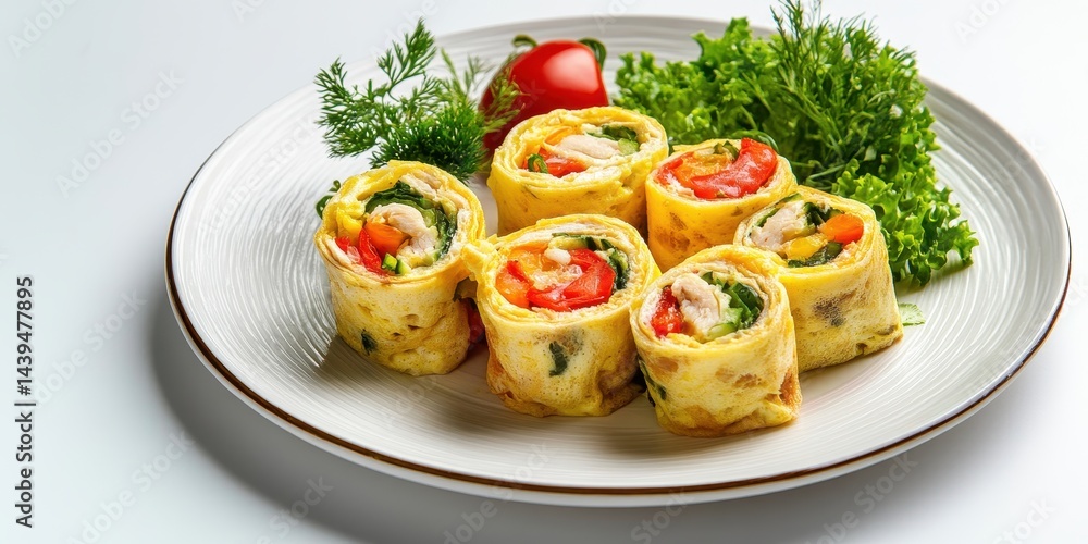 Colorful and Delicious Egg Wraps with Fresh Vegetables and Herbs on a White Plate in an Elegant Presentation for a Gourmet Culinary Experience Colorful and Delicious Egg Wraps with Fresh Vegetables and Herbs on a White Plate in an Elegant Presentation for a Gourmet Culinary Experience