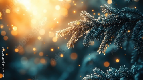 Wallpaper Mural Close Up Of Frosted Pine Branch With Golden Bokeh Lights And Blue Green Background Torontodigital.ca