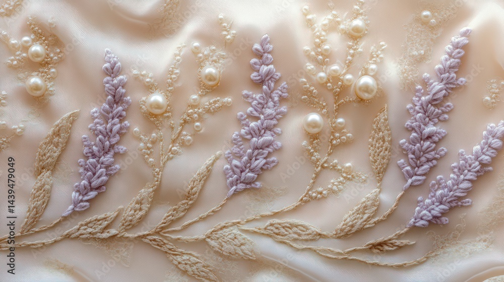 Beaded lavender embroidery on pale peach satin Beaded lavender embroidery on pale peach satin