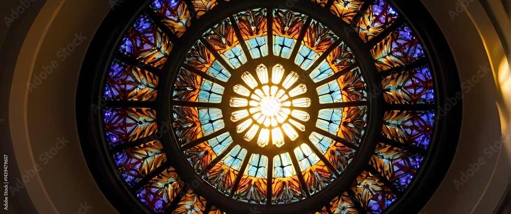 Obraz premium Sunlight piercing through a stained glass kaleidoscope creating vibrant floor patterns. Extremely detailed high resolution illustration.