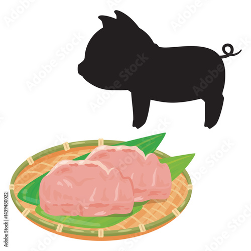 ザルに盛られた豚肉とブタのシルエットイラスト