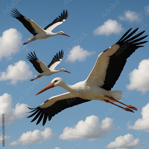 White storks flying gracefully in blue sky with fluffy clouds, large migratory birds in flight, wildlife freedom scene, nature background, beautiful soaring wings, avian migration journey