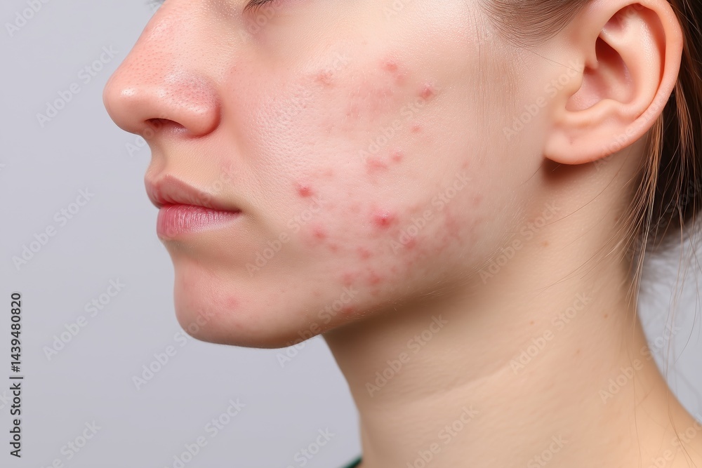 Obraz premium Side view of woman with acne. dermatology and skincare concerns
