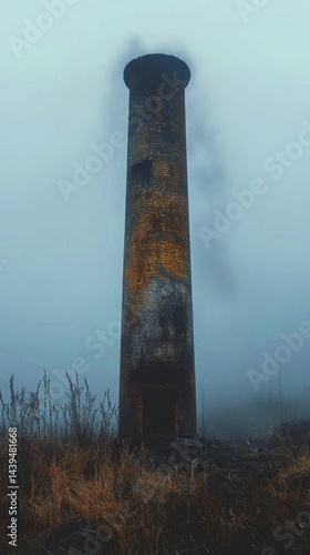 Ruined brick tower, foggy landscape, overgrown.